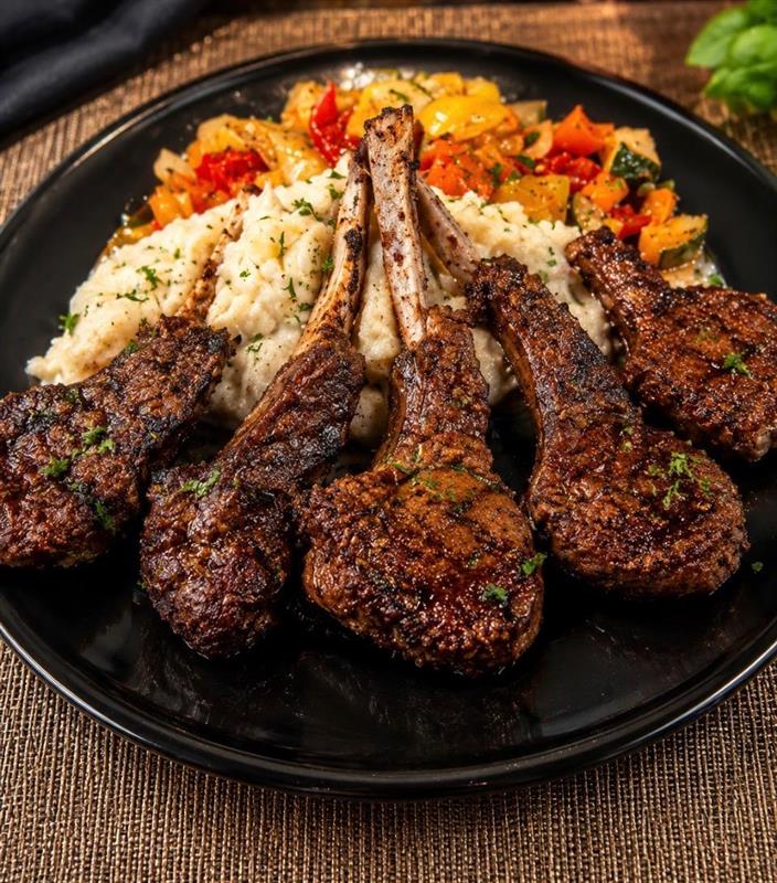 Grilled lamb chops with mashed potatoes and vegetables