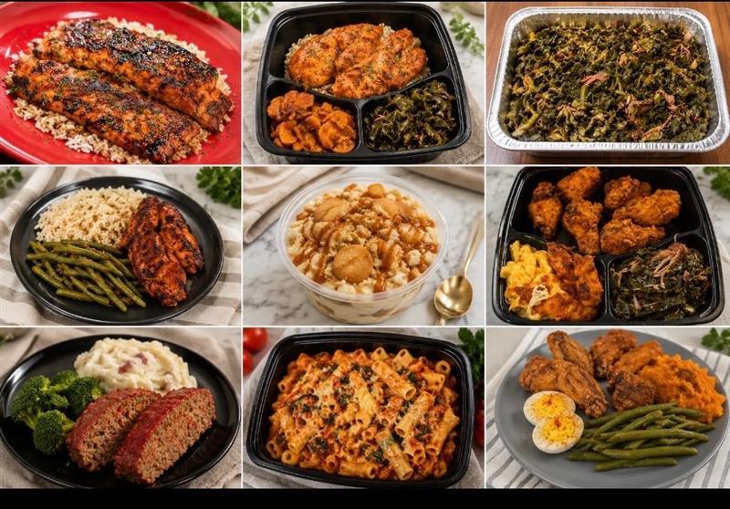 Boxed meal trays with ribs, chicken, greens and mac & cheese