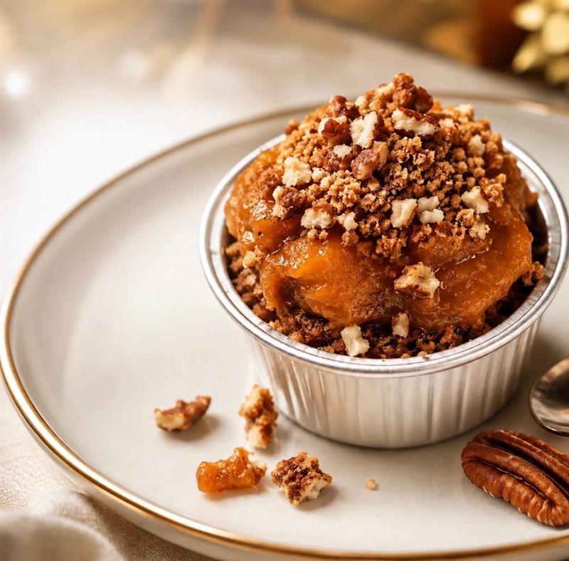 Peach cobbler with pecan crumble topping