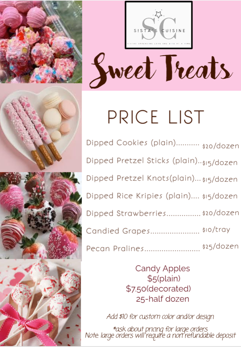 Sista's Cuisine sweet treats price list flyer